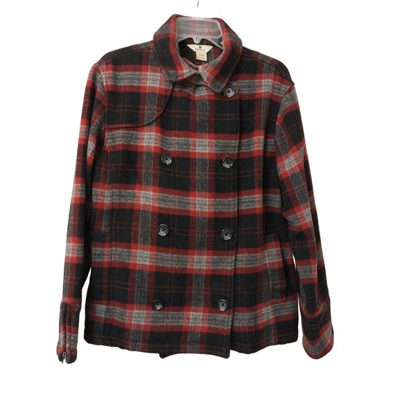 Woolrich Jackets & Blazers - Woolrich Double-Breasted Wool Blend Red Black Gray Plaid Pea Coat Women's Sz L